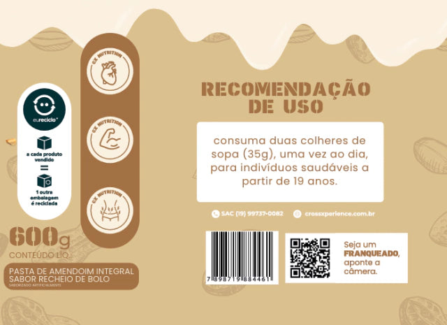 Pasta de Amendoim Gourmet - Recheio de Bolo - 600g - Zero Lactose, Zero Glúten e Zero Açúcar!
